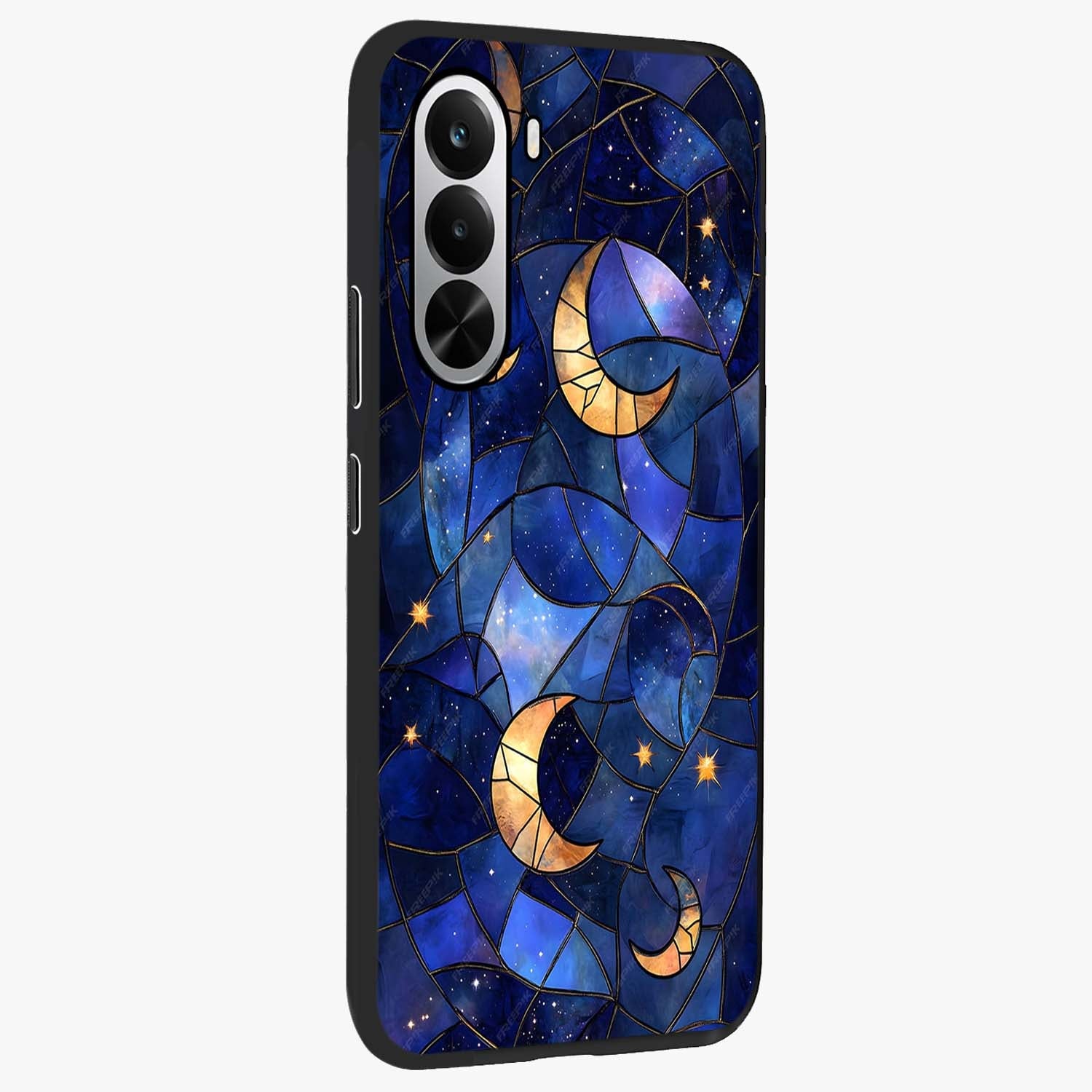 Starlit Sky Tapestry Glass Case upright view showcasing elegant starry sky artwork with cosmic decorative theme.