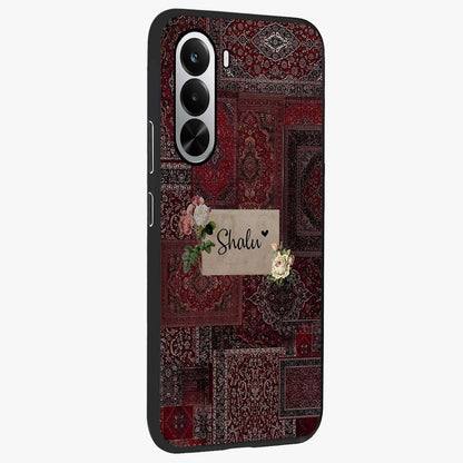 Velvet Wine Pattern Custom Name Glass Case upright view showcasing luxurious wine toned artwork with personalized aesthetic.