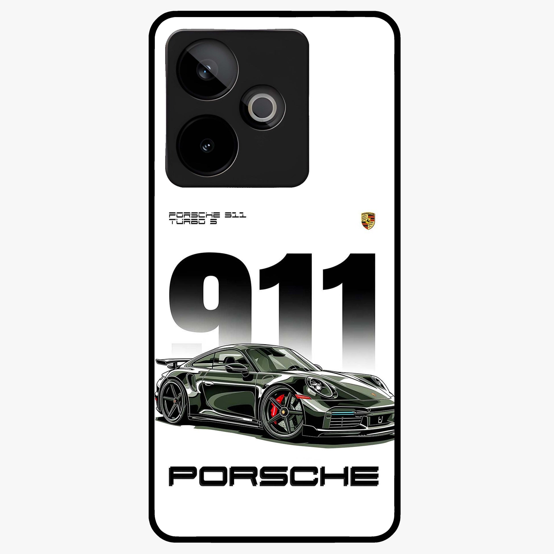 911 Turbo Dominance Glass Case showing clean flat back view with bold 911 sports car artwork and glossy glass finish.