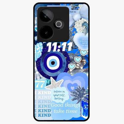 Aesthetic Be Kind Eye Glass Case showing flat back view with motivational eye artwork and glossy glass finish.