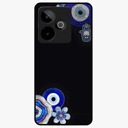 Aesthetic Blue Evil Eye Glass Case showing flat back view with protective evil eye artwork and glossy glass finish.