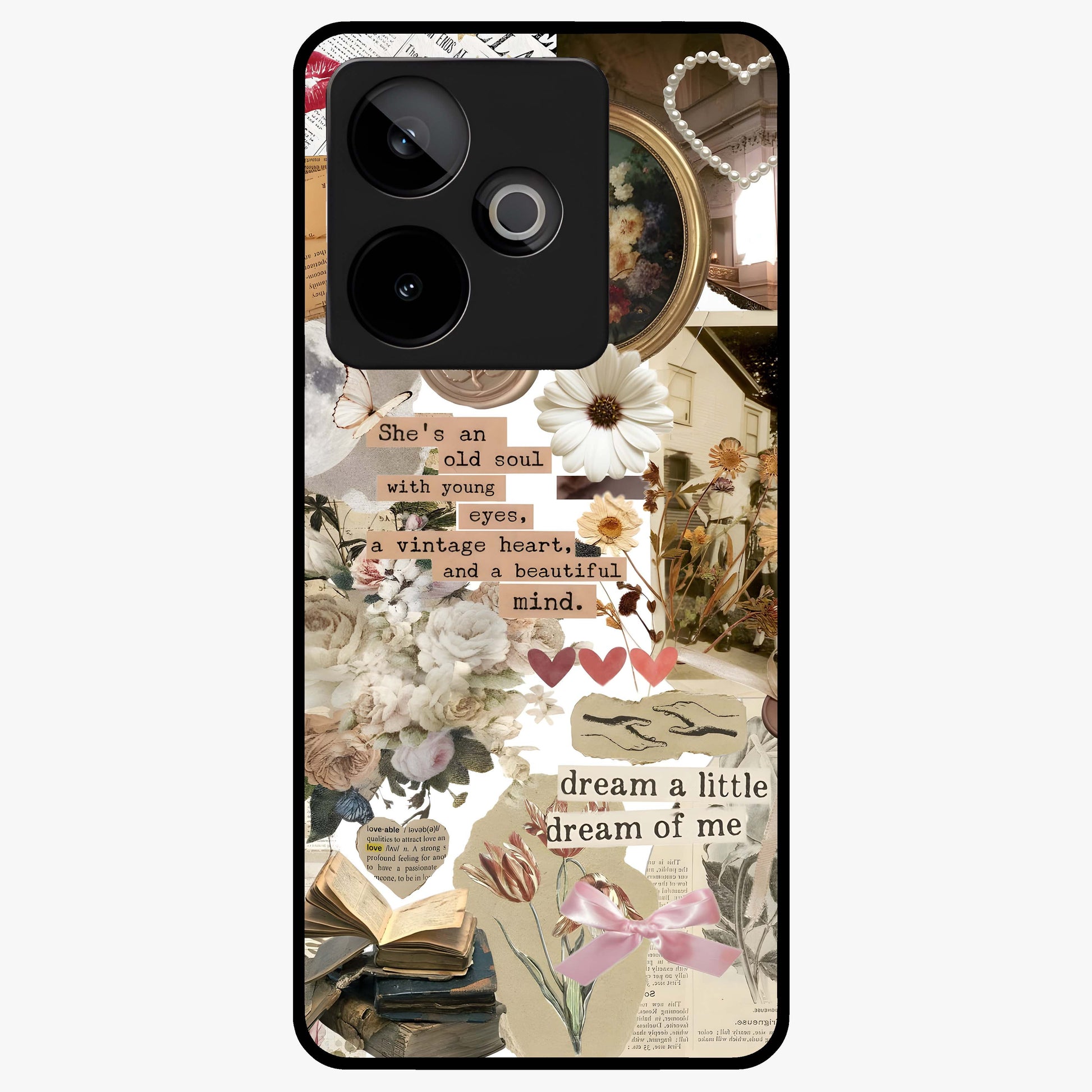 Aesthetic Brown Vintage Collage Glass Case showing flat back view with retro collage artwork and glossy glass finish.