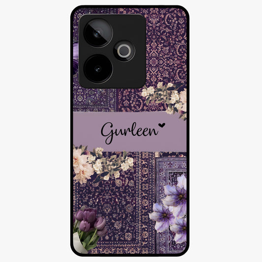 Antique Floral Whisper Custom Name Glass Case showing flat back view with vintage floral artwork and personalized name design.