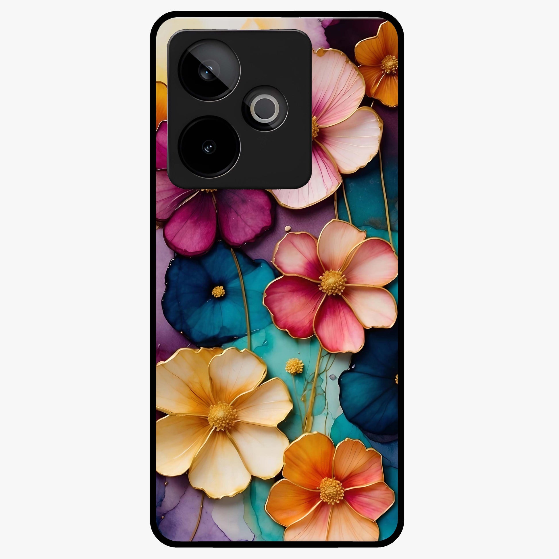 Artlyn Grace Flower Pattern Glass Case showing flat back view with elegant floral pattern artwork and glossy glass finish.