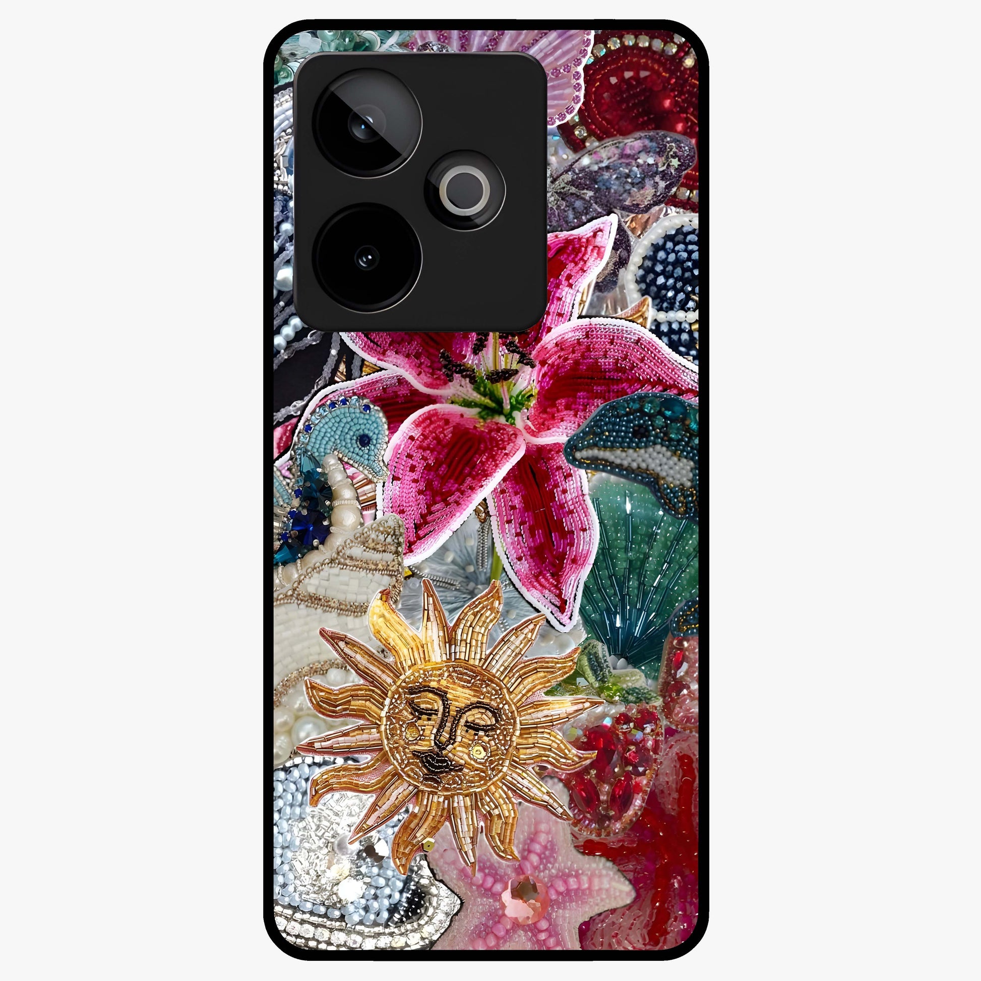 Beaded Garden Fantasy Glass Case showing flat back view with dreamy garden bead artwork and glossy glass finish.