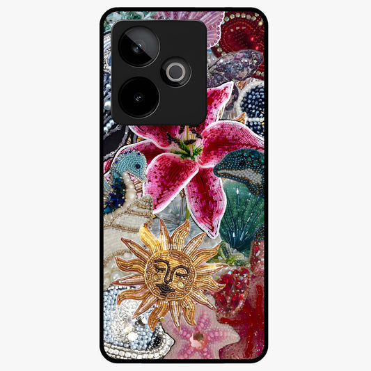 Beaded Garden Fantasy Glass Case showing flat back view with dreamy garden bead artwork and glossy glass finish.