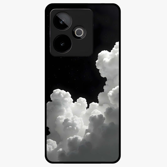 Black Background With White Cloud Glass Case showing flat back view with minimal cloud artwork on dark background and glossy glass finish.