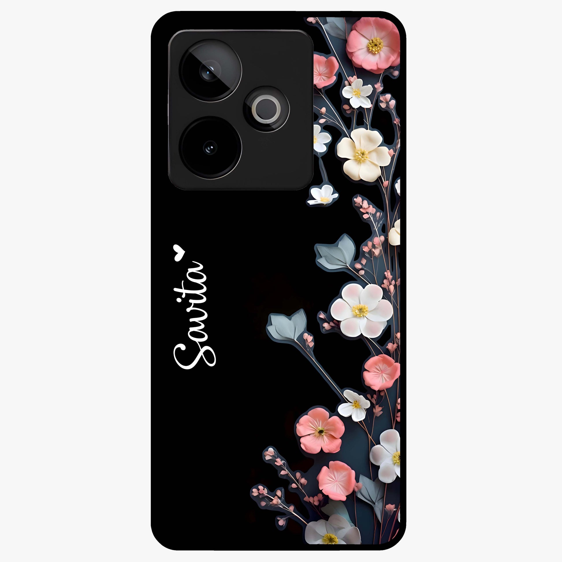 Black Elegance Floral Custom Name Glass Case showing flat back view with elegant floral artwork and personalized name design.