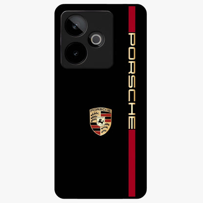 Black Minimal Porsche Glass Case showing flat back view with sleek minimal sports car artwork and glossy glass finish.