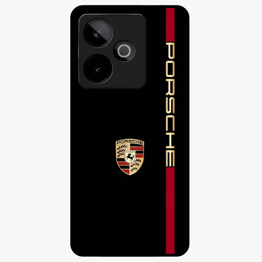 Black Minimal Porsche Glass Case showing flat back view with sleek minimal sports car artwork and glossy glass finish.
