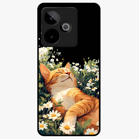 Blissful Bloom Cat Glass Case showing flat back view with cute cat and floral bloom artwork and glossy glass finish.