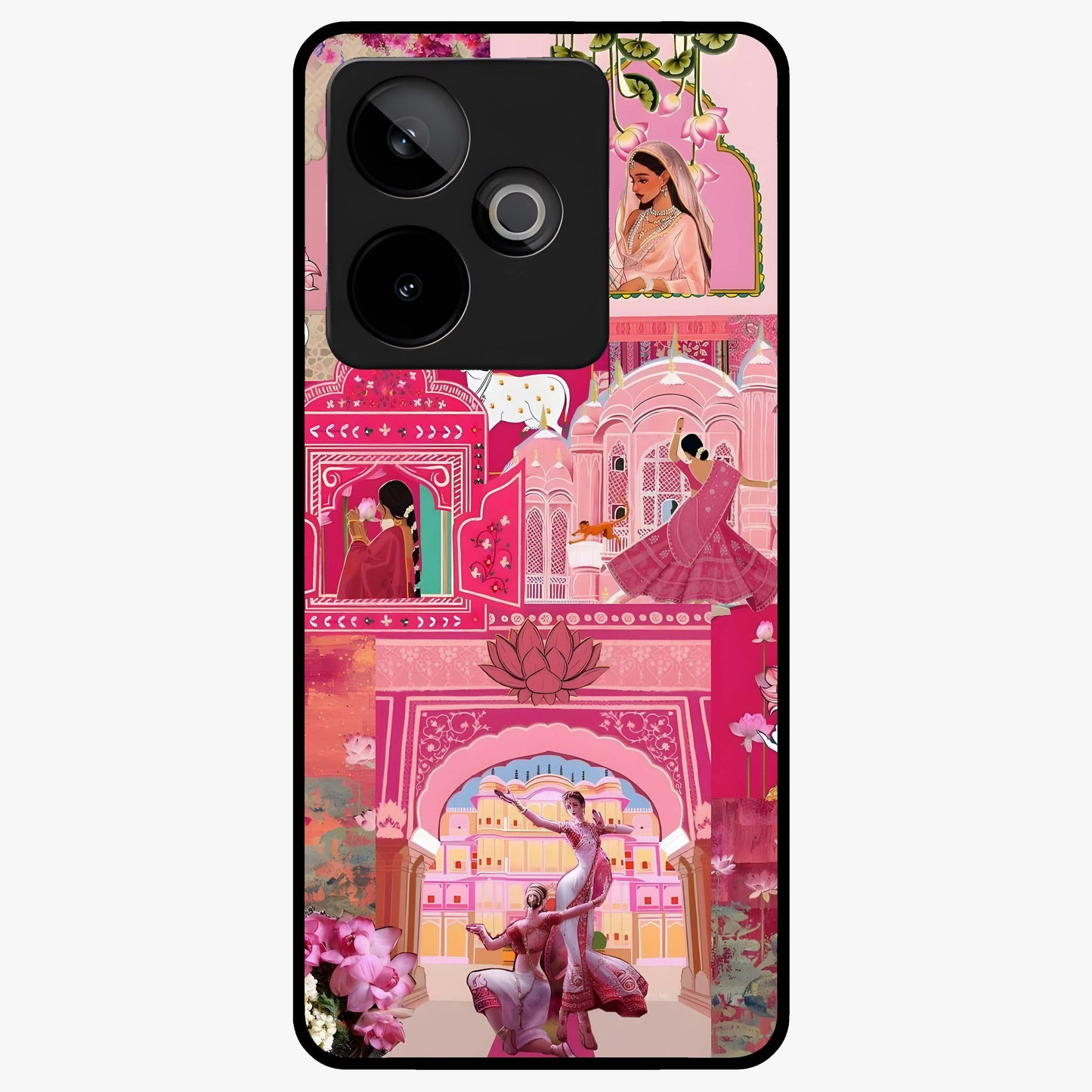 Blossoms of Rajasthan Glass Case showing flat back view with traditional floral artwork inspired by Rajasthan and glossy glass finish.