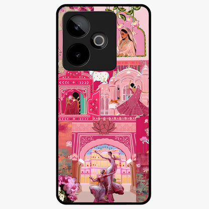 Blossoms of Rajasthan Glass Case showing flat back view with traditional floral artwork inspired by Rajasthan and glossy glass finish.