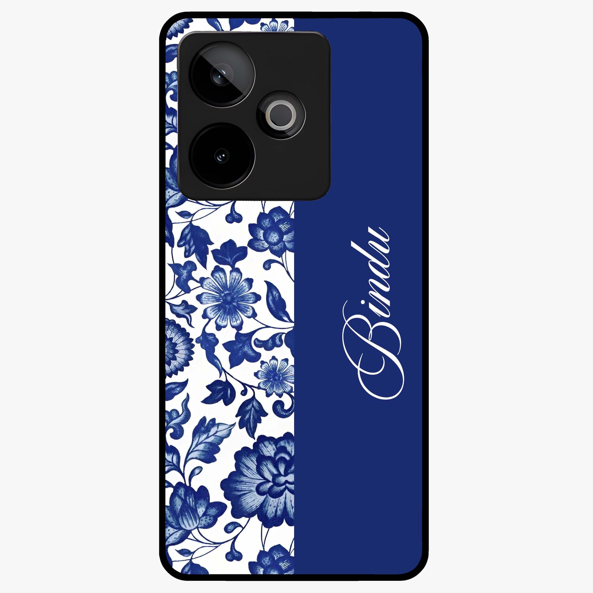 Blue Vintage Floral Pattern Glass Case upright view showcasing timeless floral illustration with vintage inspired style.