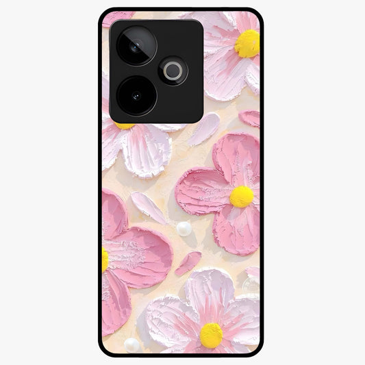 Blush Bloom Texture Glass Case showing flat back view with soft blush floral texture artwork and glossy glass finish.