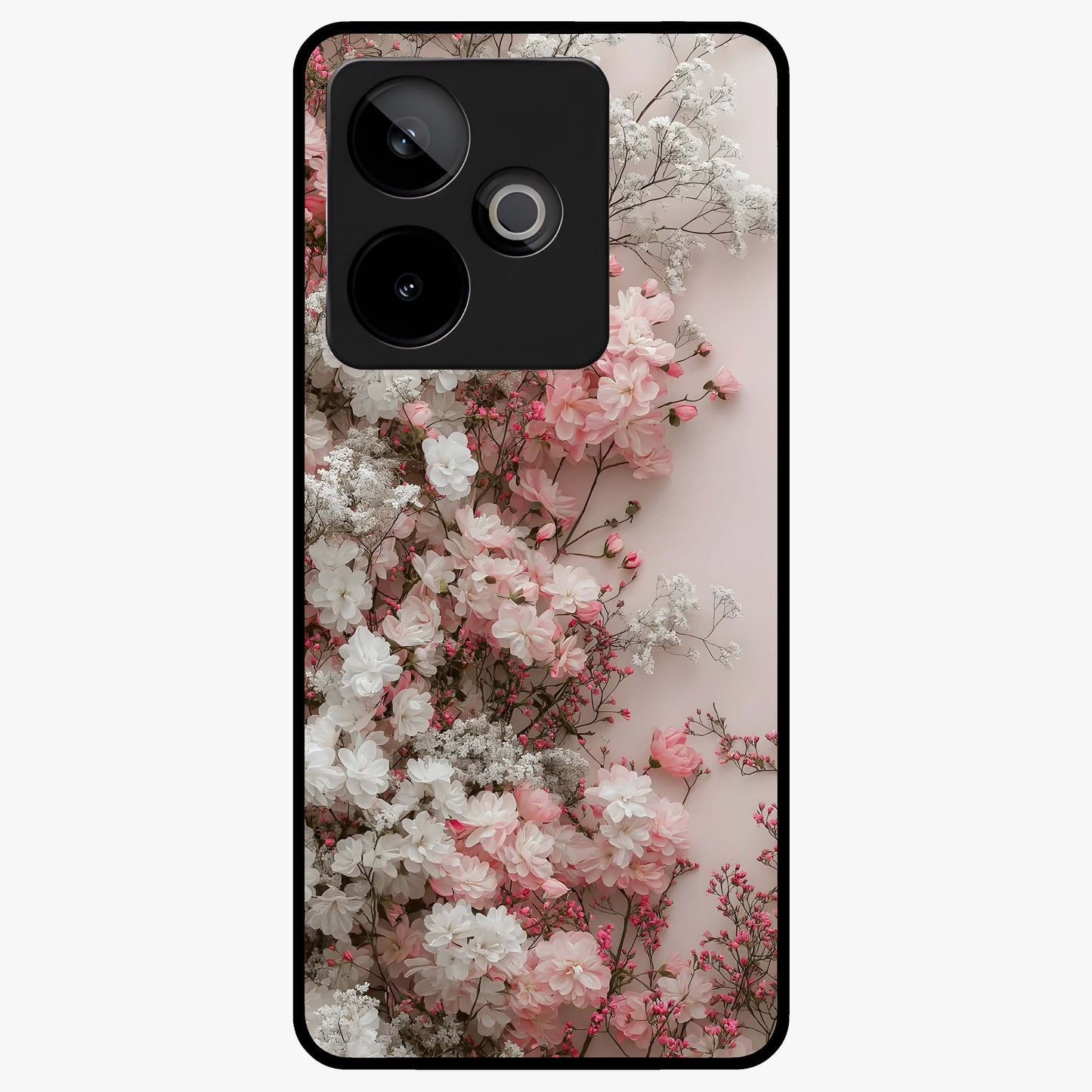 Blush Blossom Cloud Glass Case showing flat back view with dreamy blush cloud blossom artwork and glossy glass finish.