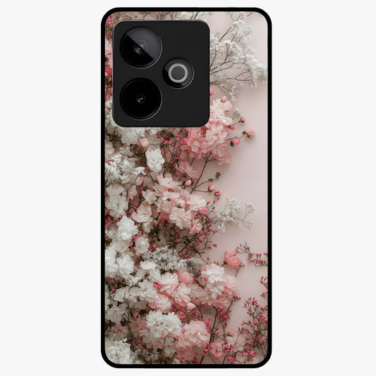 Blush Blossom Cloud Glass Case showing flat back view with dreamy blush cloud blossom artwork and glossy glass finish.