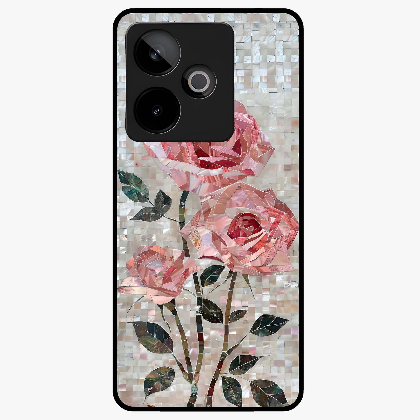 Blush Mosaic Bloom Glass Case showing flat back view with mosaic floral bloom artwork and glossy glass finish.