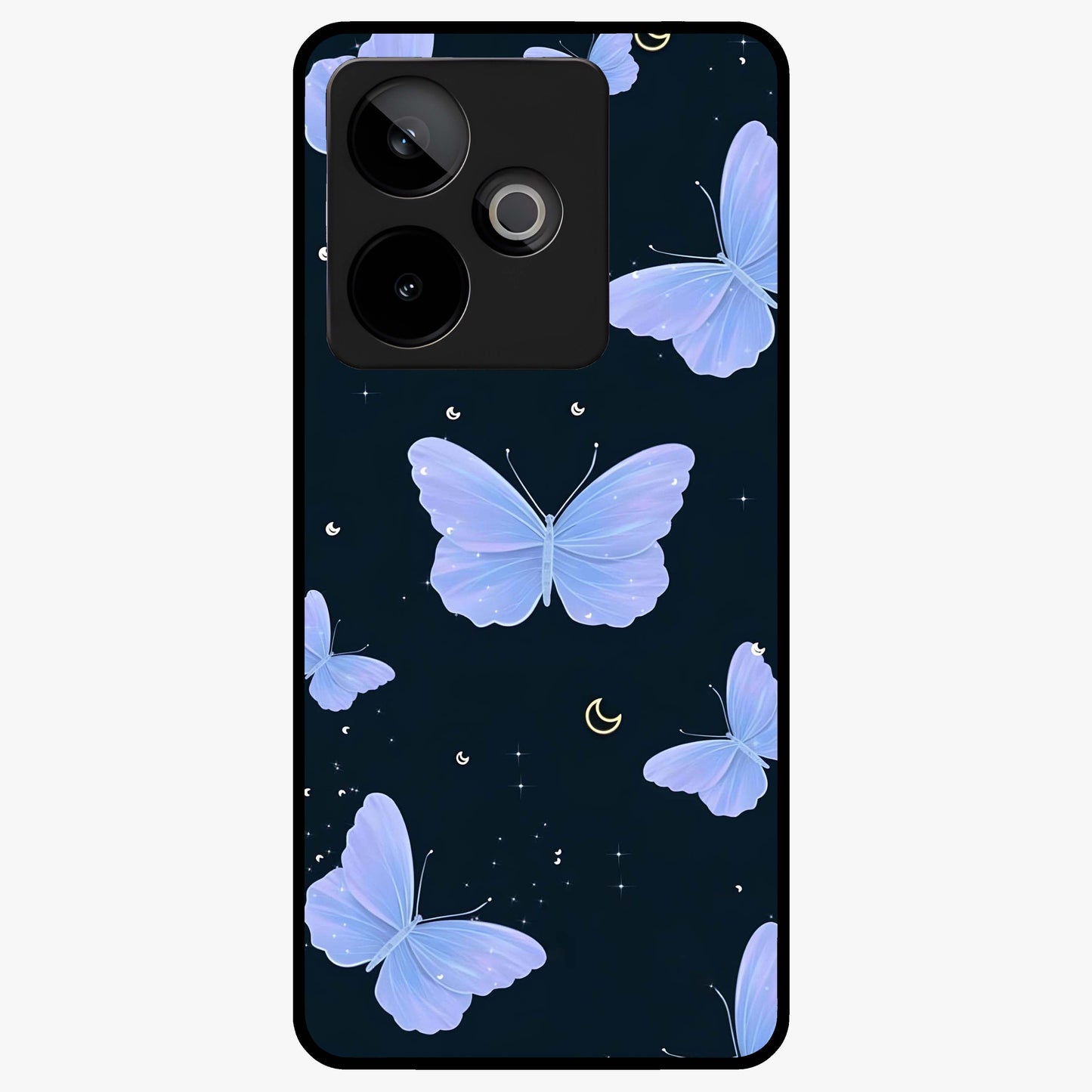 Butterfly With Stars Pattern Glass Case showing flat back view with butterfly and star pattern artwork and glossy glass finish.
