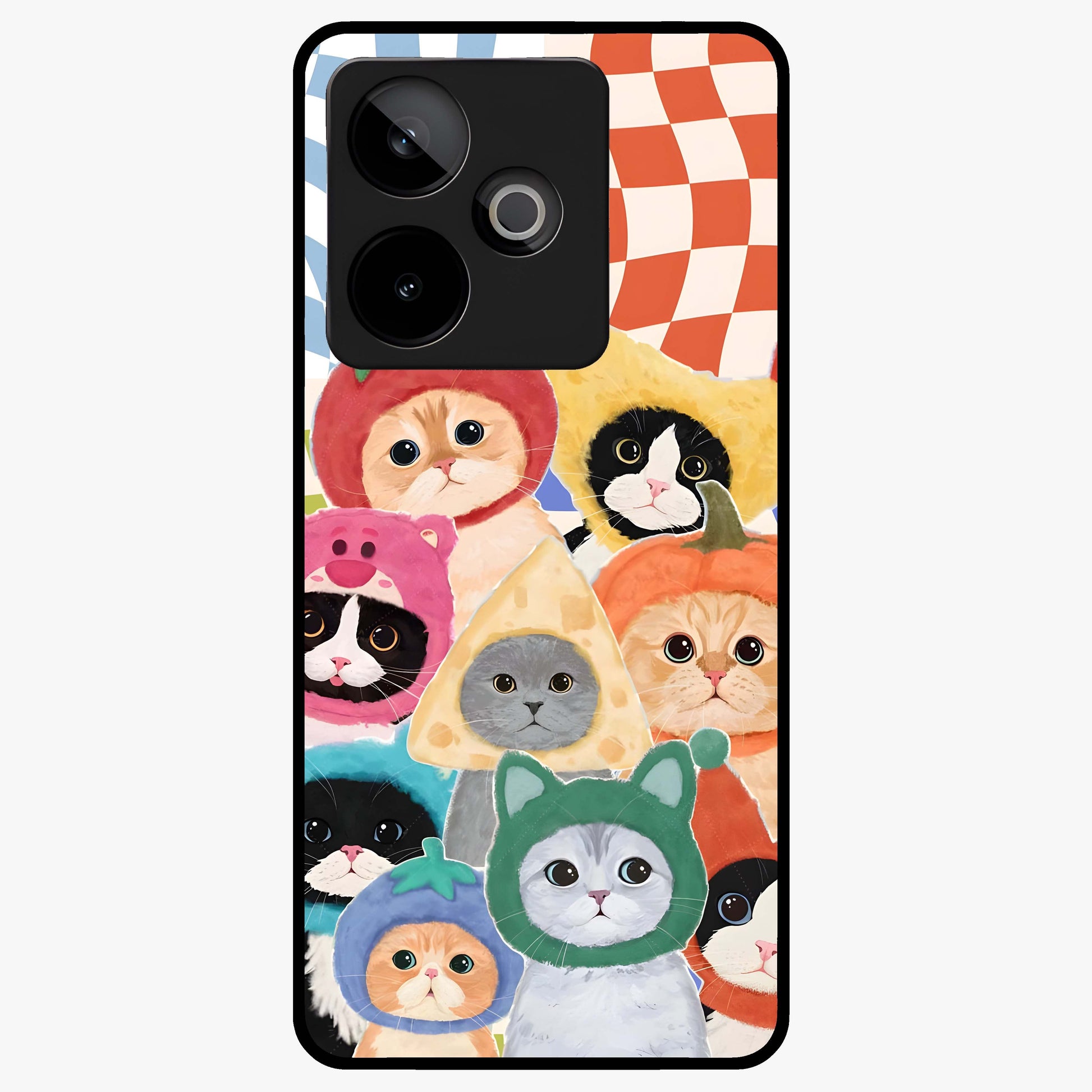 Cats in Fruits Glass Case showing flat back view with playful cat illustrations inside fruit artwork and glossy glass finish.