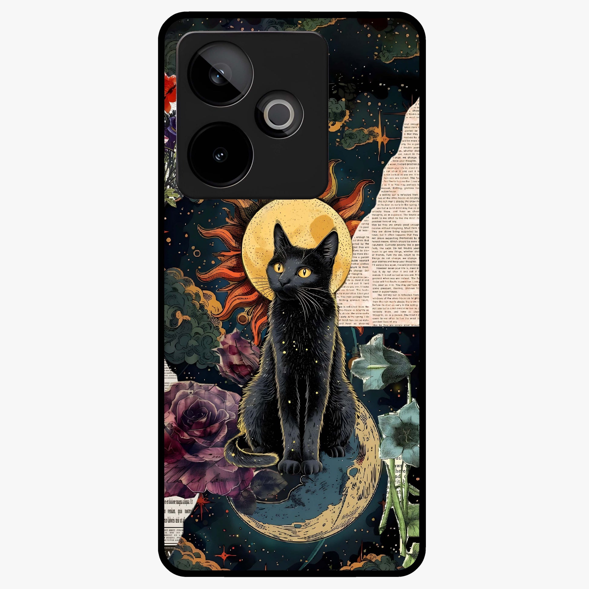 Celestial Black Cat Glass Case showing flat back view with mystical black cat artwork and glossy glass finish.