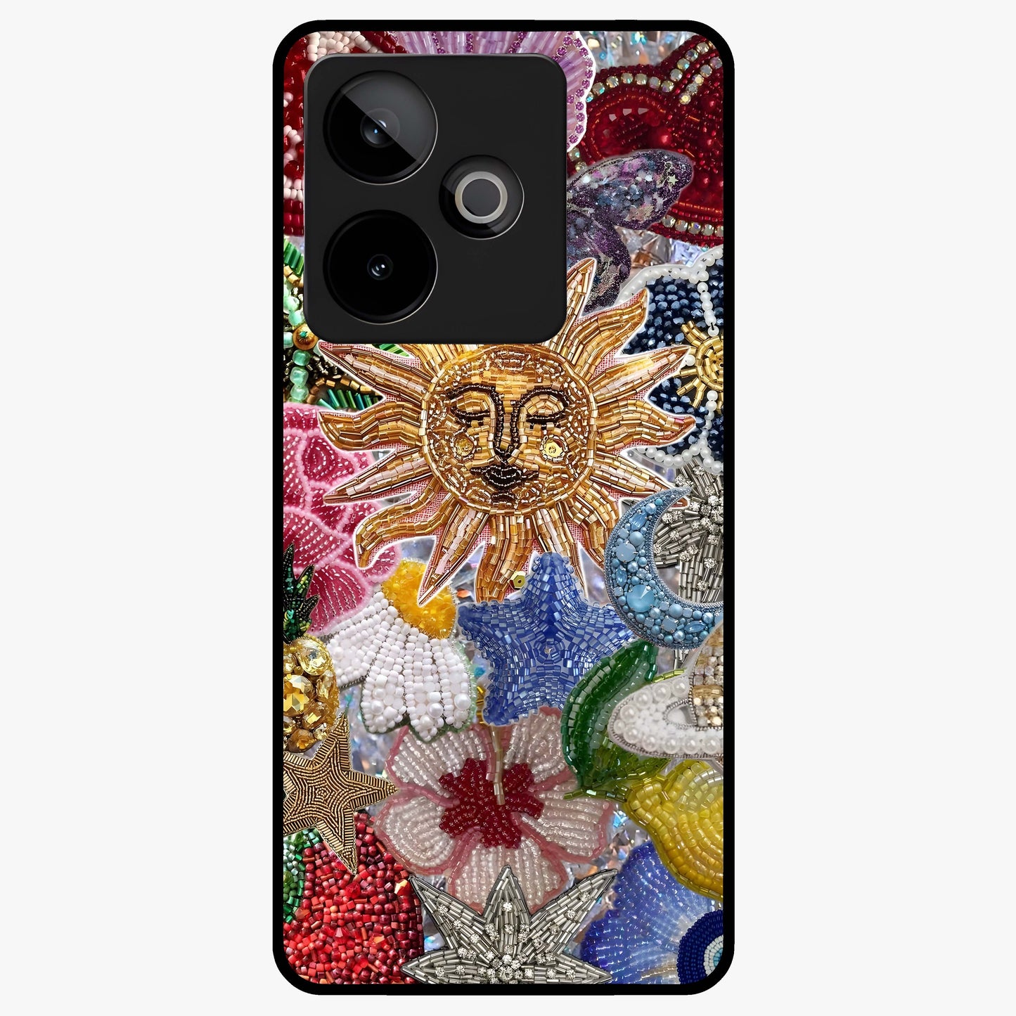 Celestial Floral and Playful Glass Case showing flat back view with floral and celestial themed artwork and glossy glass finish.