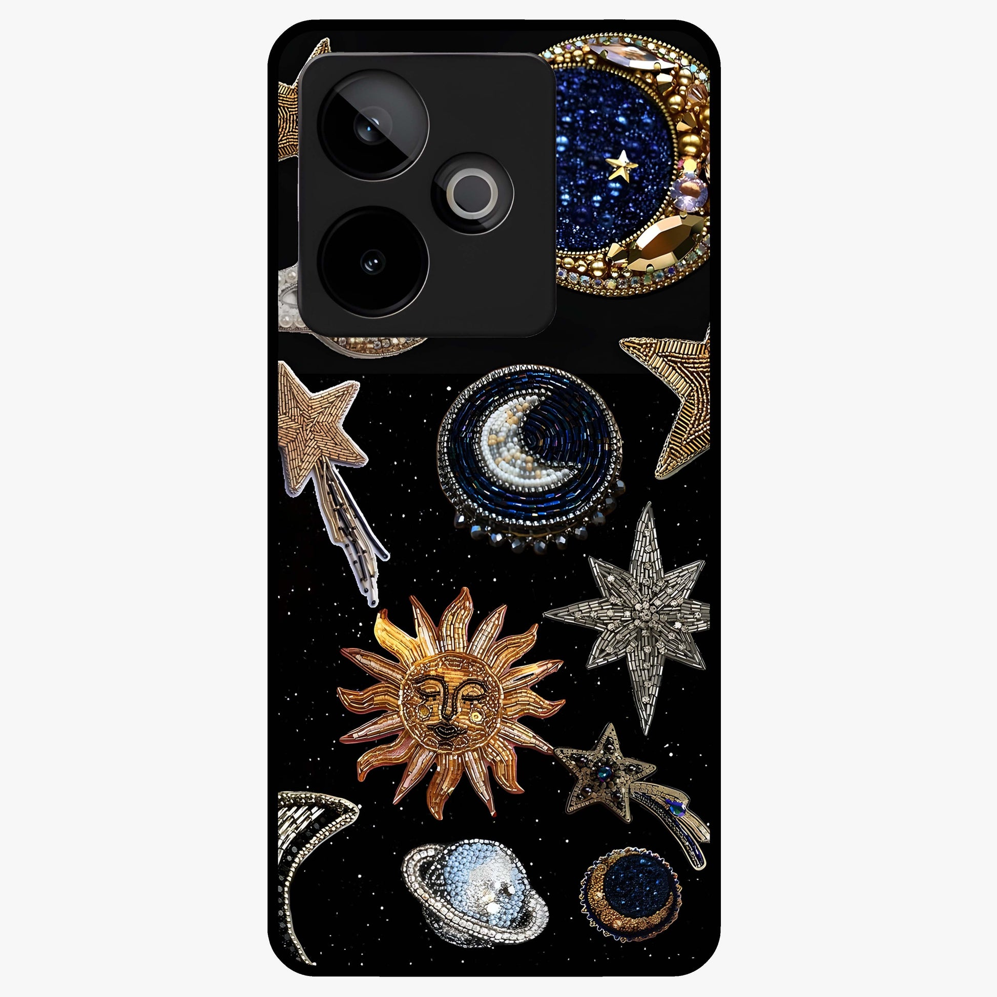 Celestial Gem Constellations Glass Case showing flat back view with sparkling constellation artwork and glossy glass finish.
