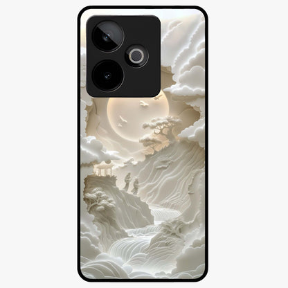 Celestial Origami Glass Case showing flat back view with artistic origami inspired celestial artwork and glossy glass finish.