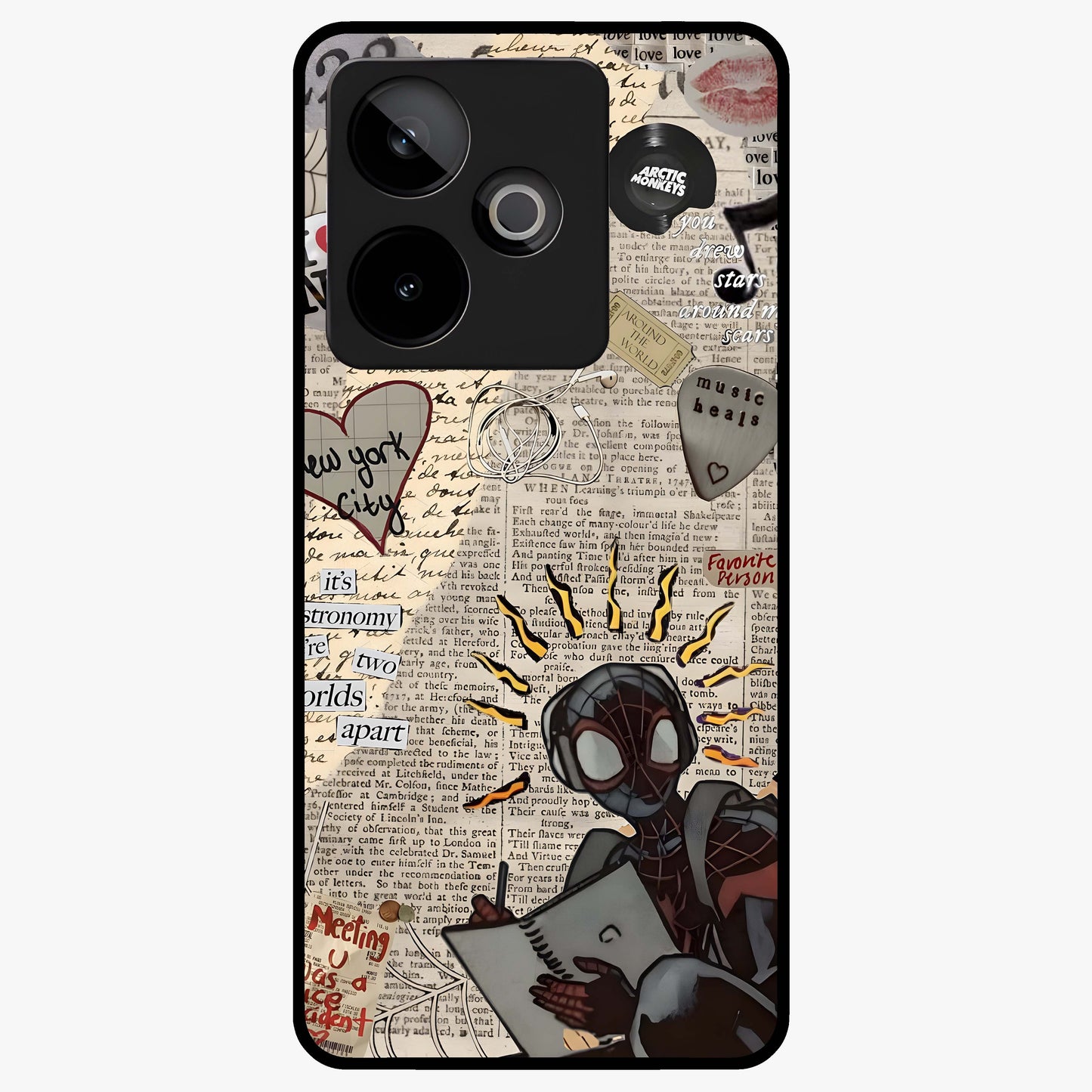 City Dream Sketch Glass Case showing flat back view with artistic city skyline sketch artwork and glossy glass finish.