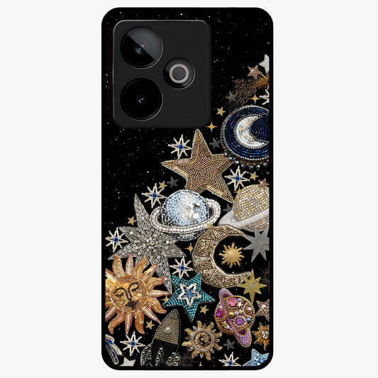 Cosmic Sparkle Dreams Glass Case showing flat back view with sparkling cosmic artwork and glossy glass finish.