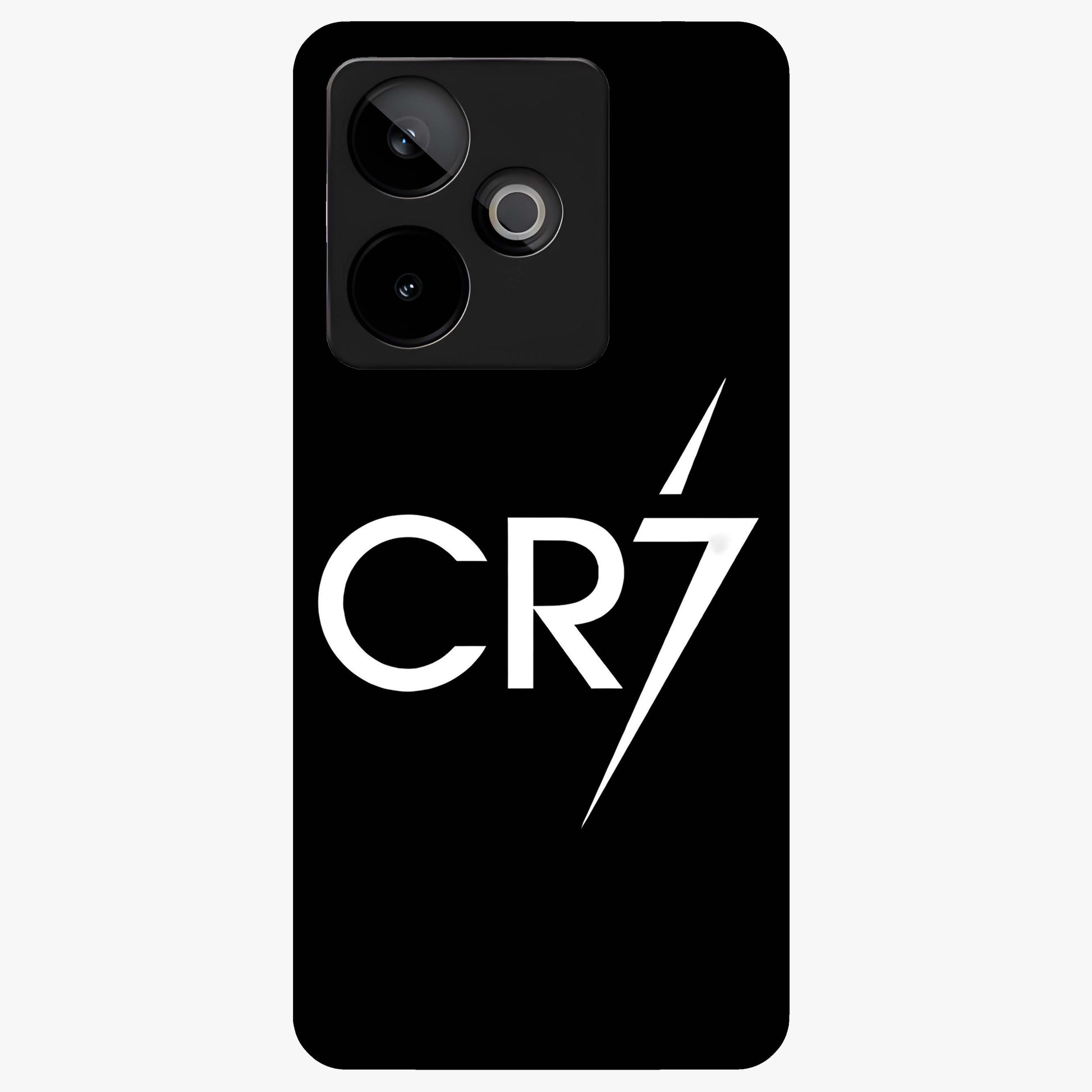 Cr7 Elite Strike Glass Case showing flat back view with dynamic football inspired artwork and glossy glass finish.
