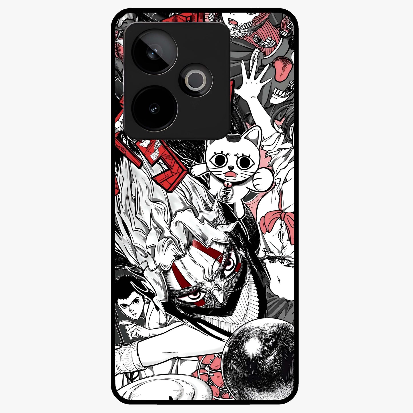 Crimson Chaos Panel Glass Case showing flat back view with bold crimson abstract artwork and glossy glass finish.