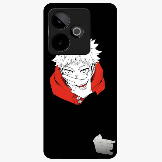 Crimson Chaos Smile Glass Case showing flat back view with bold chaotic smile artwork and glossy glass finish.