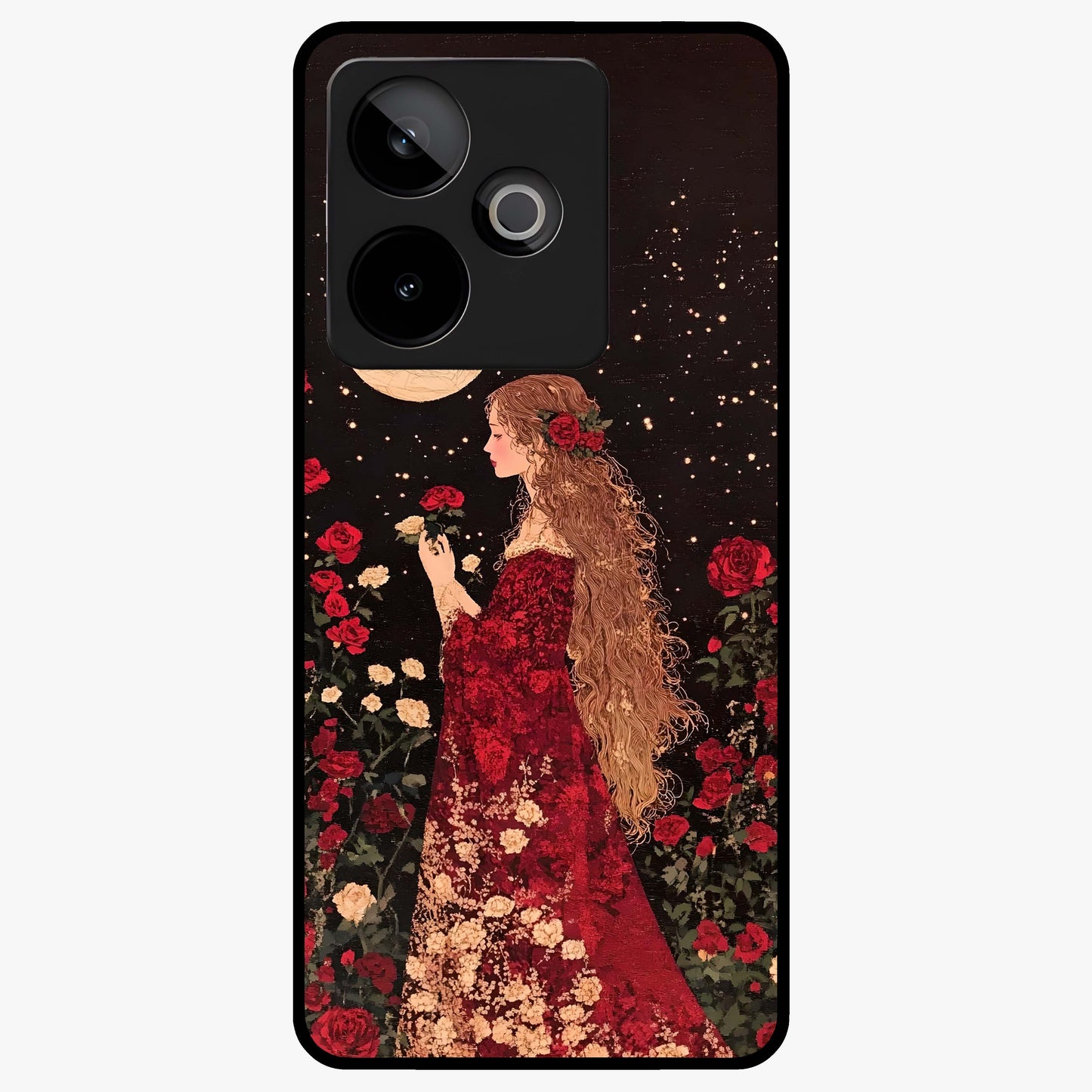 Crimson Dreams Glass Case showing flat back view with dreamy crimson artwork and glossy glass finish.