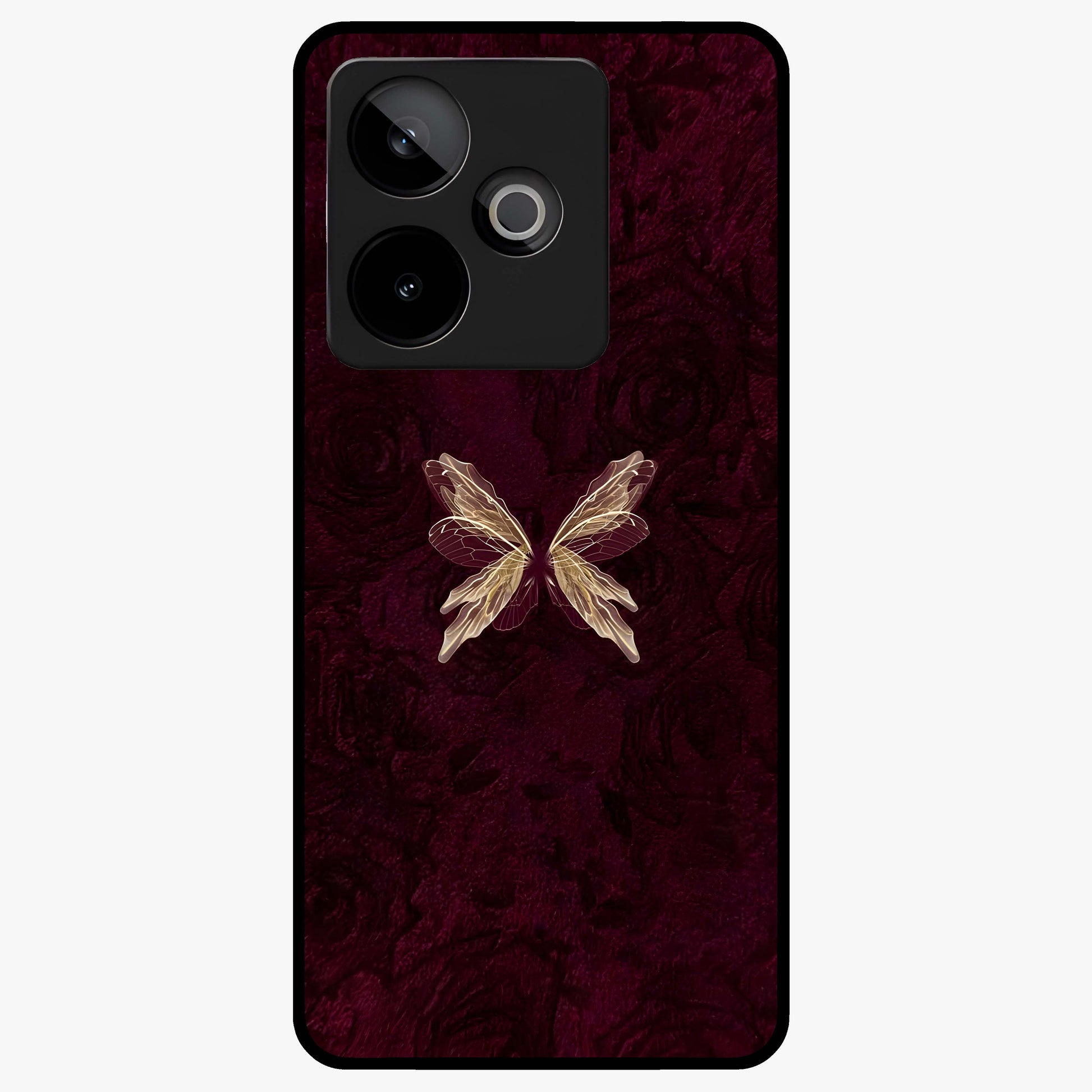 Crimson Fade Butterfly Glass Case showing flat back view with fading butterfly artwork and glossy glass finish.