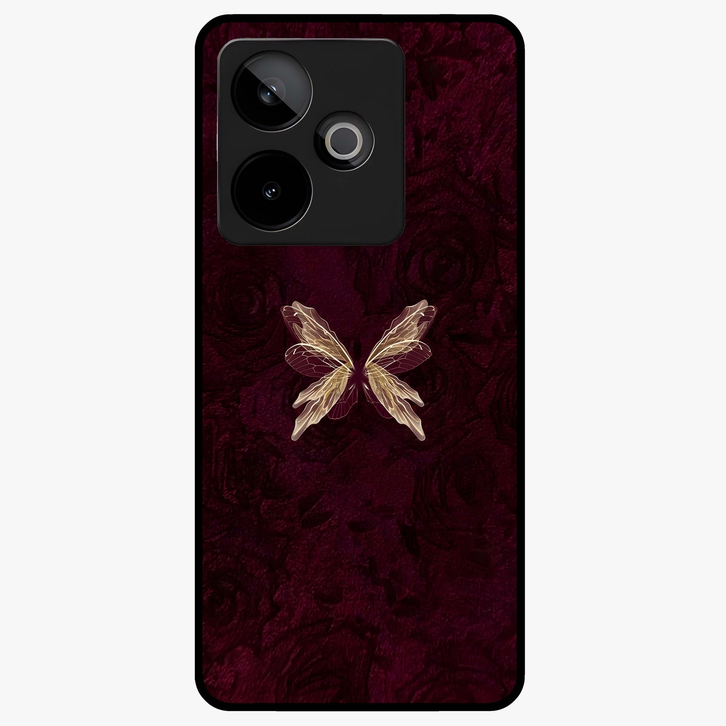 Crimson Fade Butterfly Glass Case showing flat back view with fading butterfly artwork and glossy glass finish.