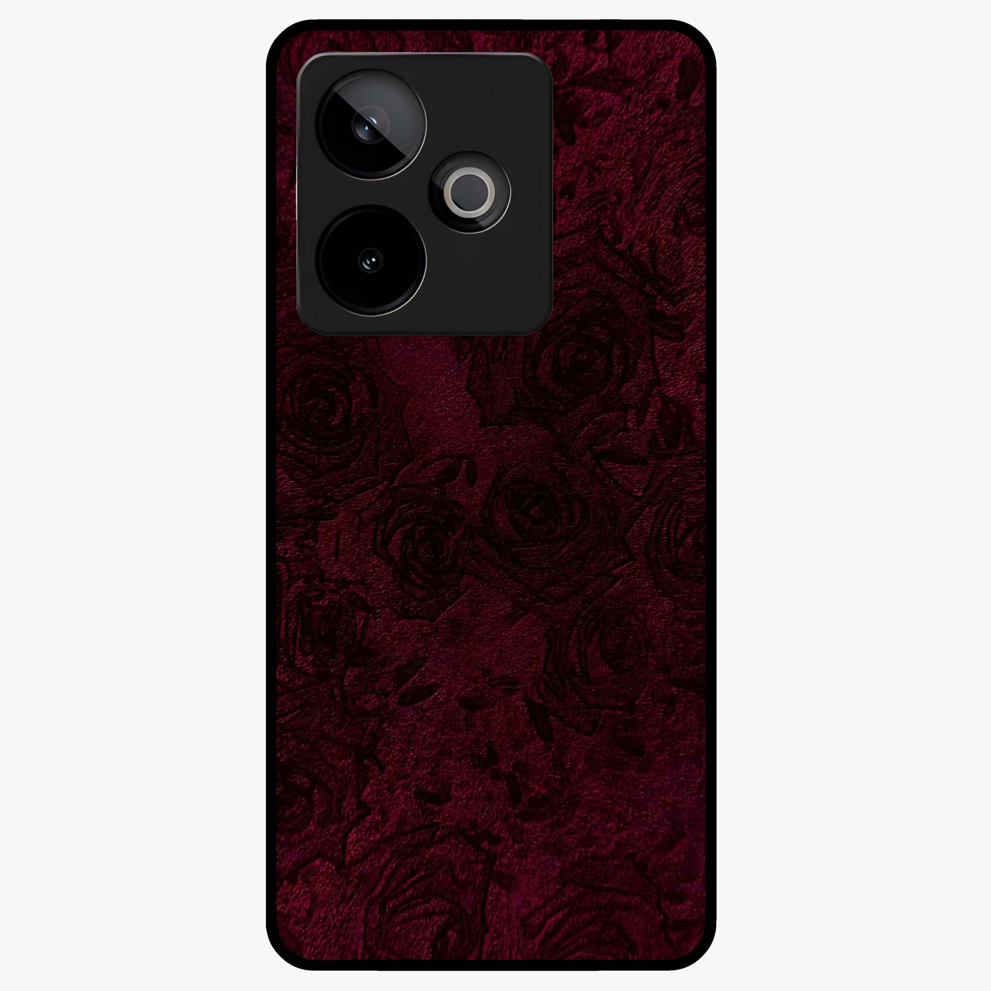 Crimson Fade Flow Glass Case showing flat back view with flowing crimson gradient artwork and glossy glass finish.