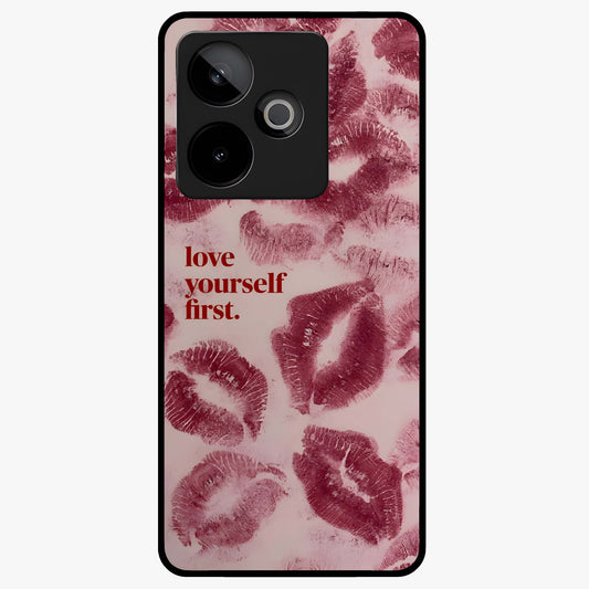 Crimson Kiss Love Glass Case showing flat back view with romantic crimson themed artwork and glossy glass finish.