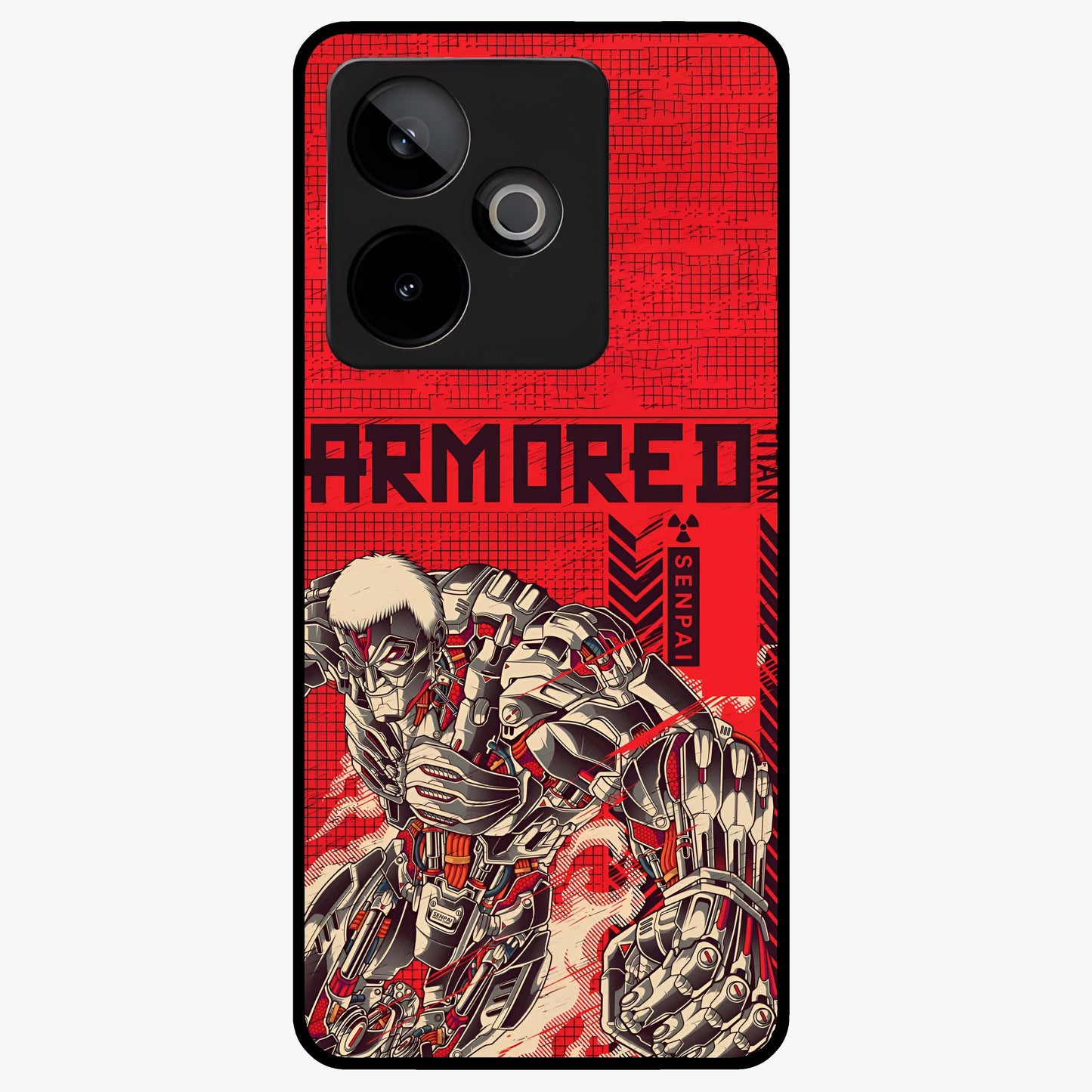 Crimson Mecha Titan Glass Case showing flat back view with powerful mech titan artwork and glossy glass finish.