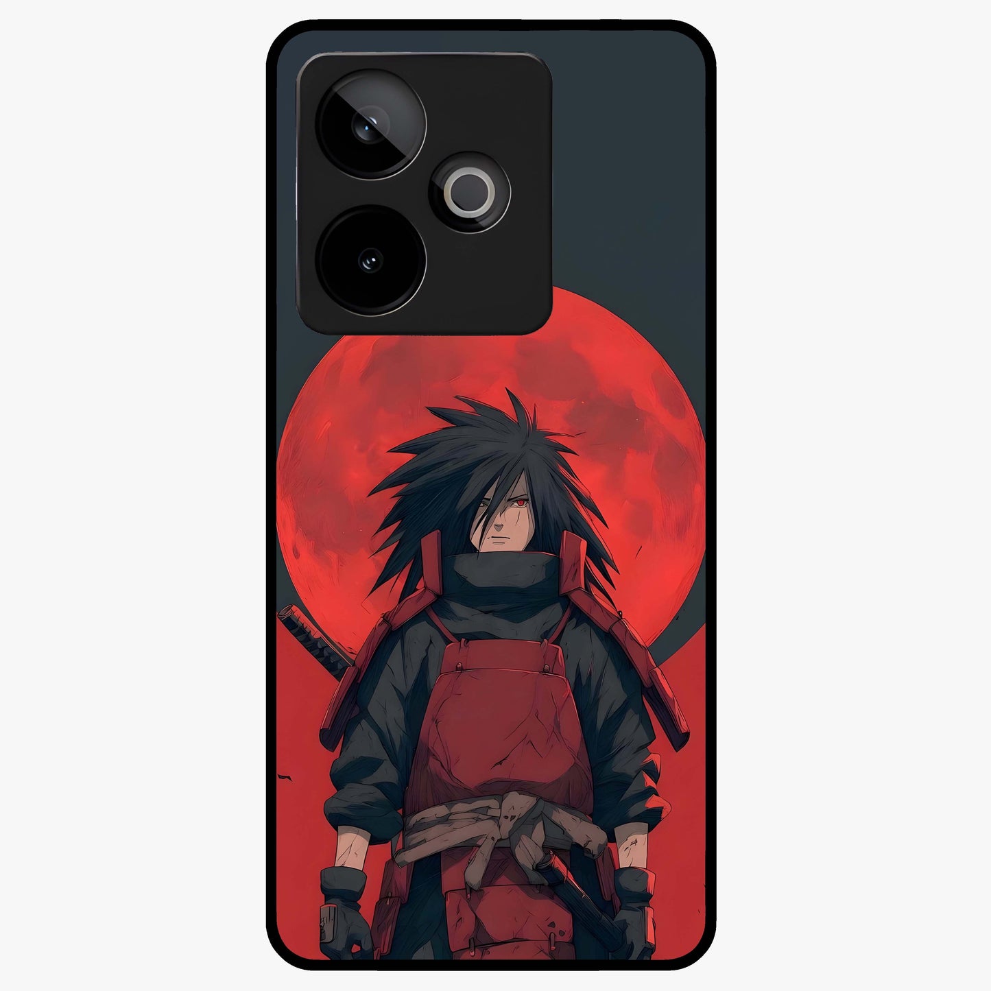 Crimson Moon Warlord Glass Case showing flat back view with mystical moon warrior artwork and glossy glass finish.