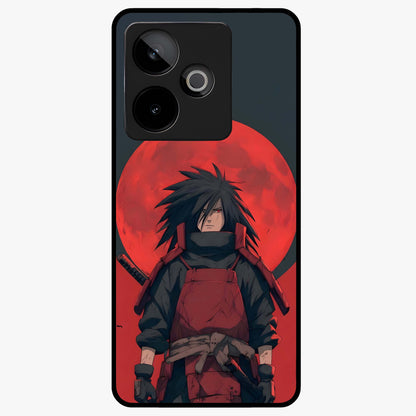 Crimson Moon Warlord Glass Case showing flat back view with mystical moon warrior artwork and glossy glass finish.