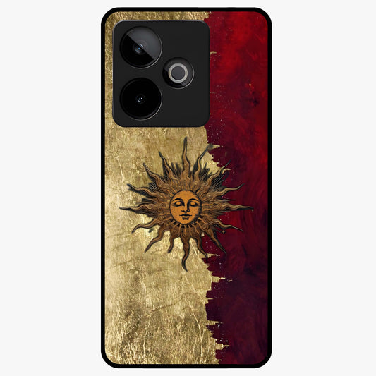 Crimson Sun Majesty Glass Case showing flat back view with radiant sun inspired artwork and glossy glass finish.