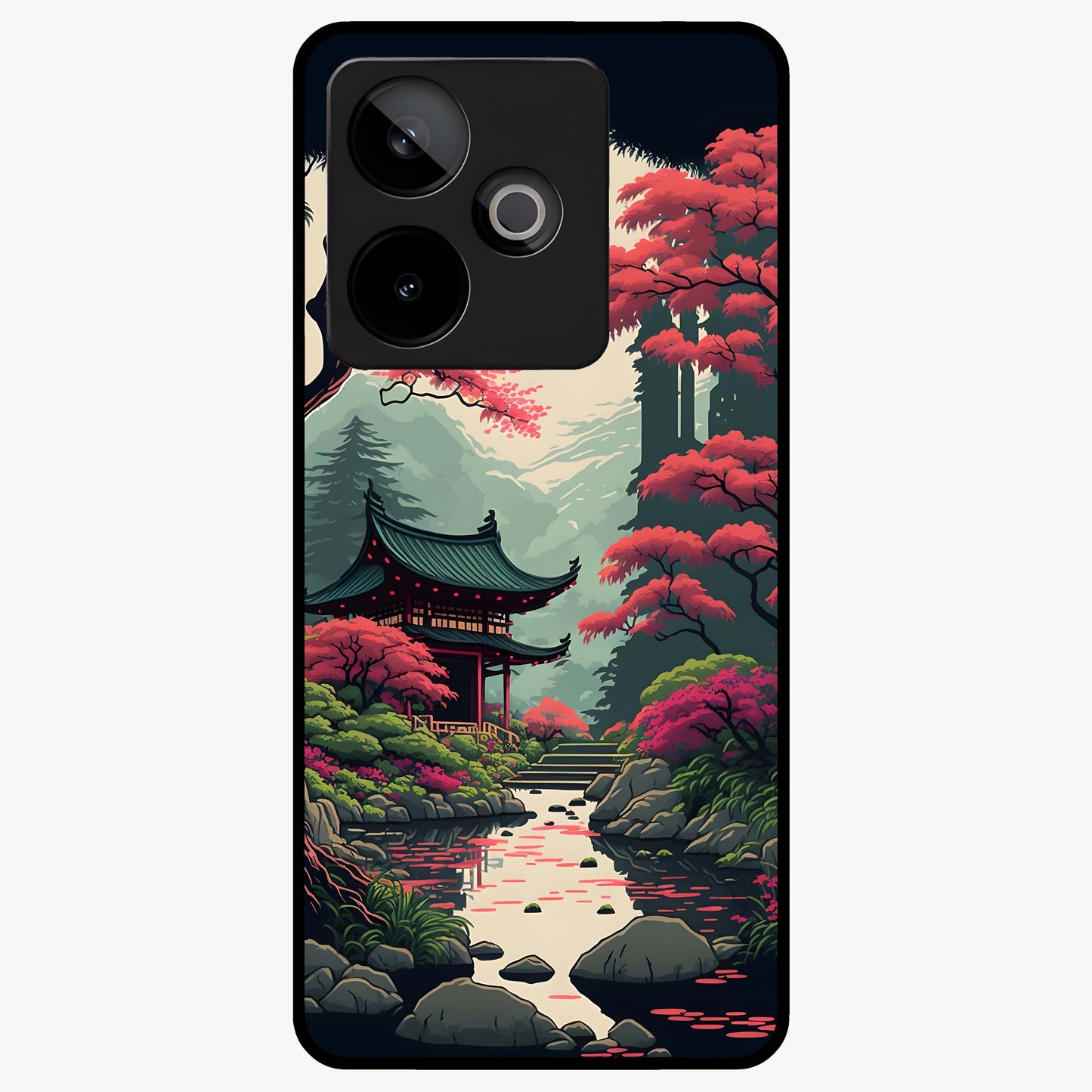 Crimson Temple View Glass Case showing flat back view with temple inspired artwork and glossy glass finish.
