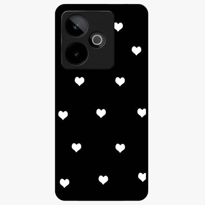 Cute And Simple White Hearts Glass Case showing flat back view with minimal white heart pattern and glossy glass finish.