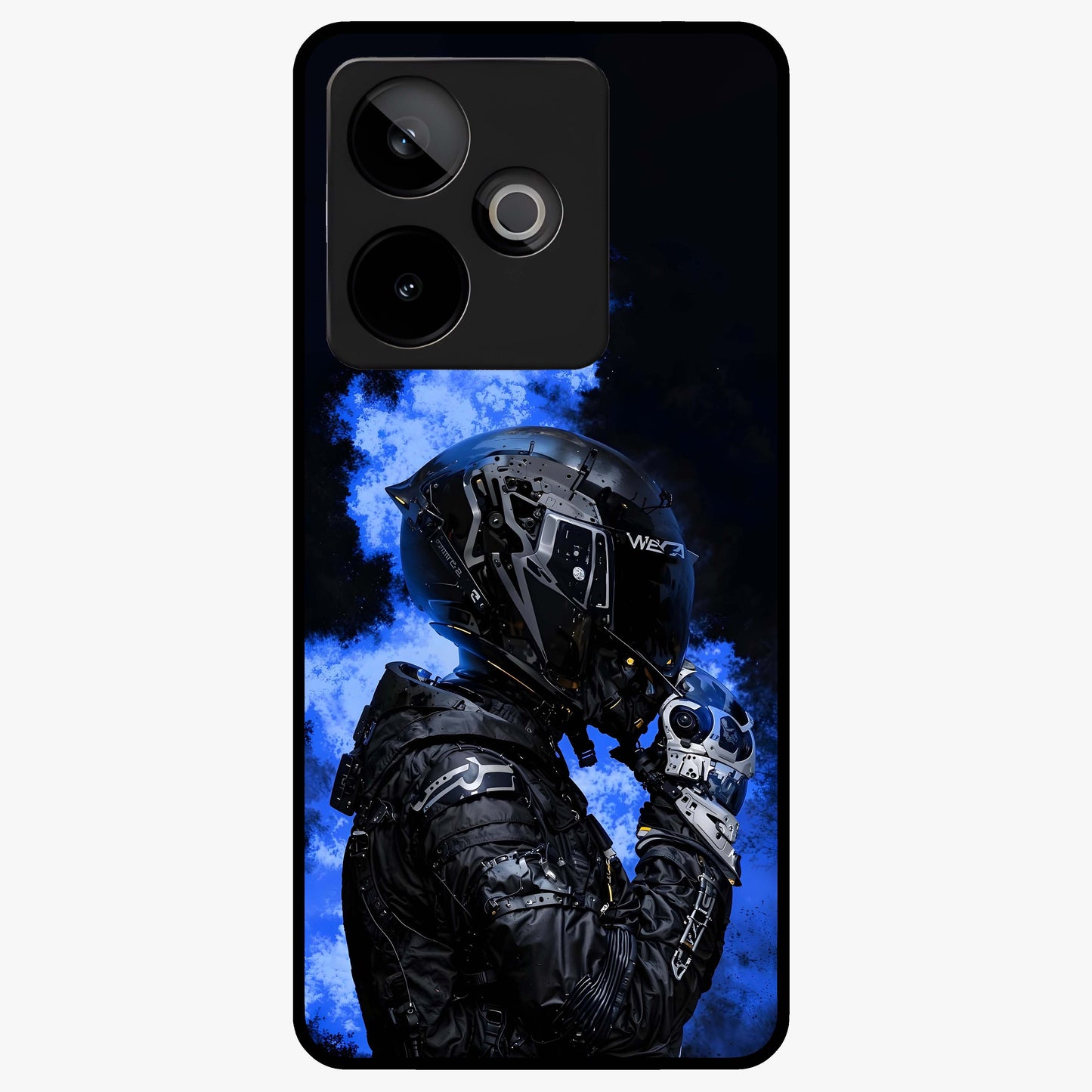 Cyber Sentinel Protocol Glass Case showing flat back view with futuristic cyber themed artwork and glossy glass finish.