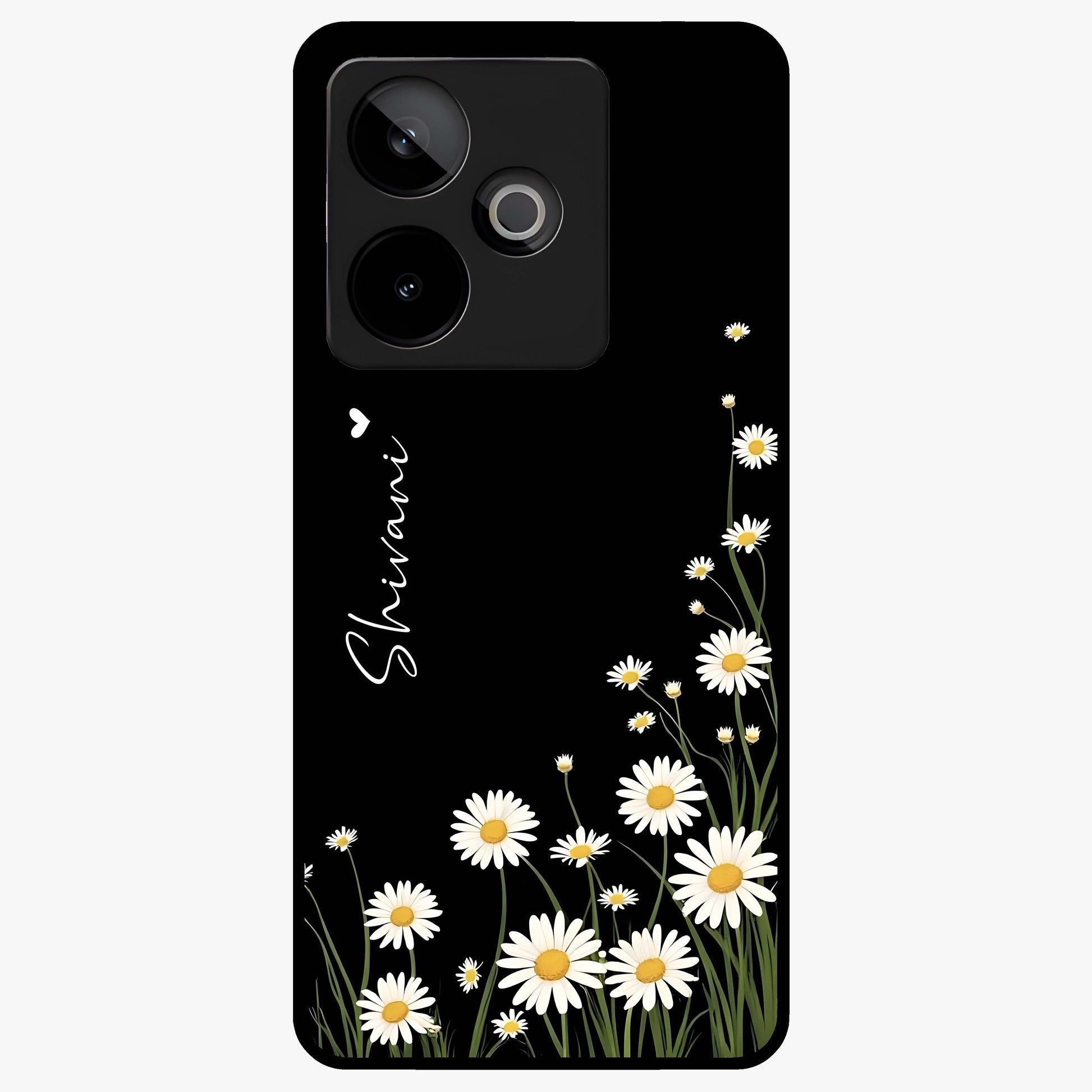 Daisy Cascade Custom Name Glass Case showing flat back view with cascading daisy flowers and personalized name design.