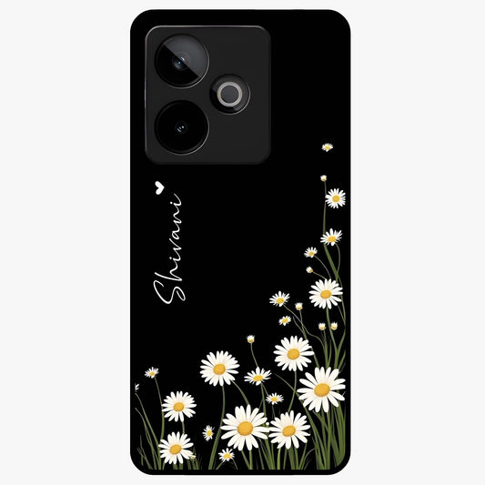 Daisy Cascade Custom Name Glass Case showing flat back view with cascading daisy flowers and personalized name design.