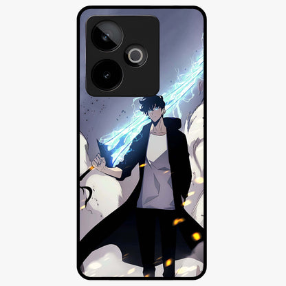 Dark Lightning Anime Warrior Glass Case showing flat back view with intense anime warrior artwork and glossy glass finish.