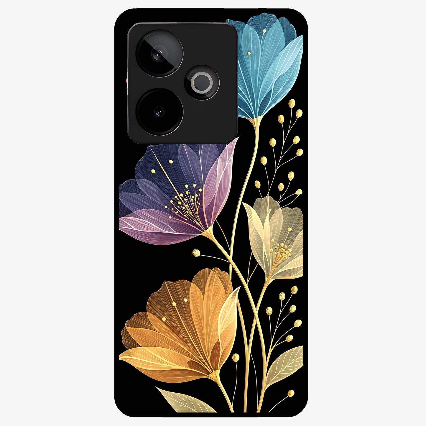 Delicate Multicolor Flowers Glass Case showing flat back view with vibrant floral artwork and glossy glass finish.