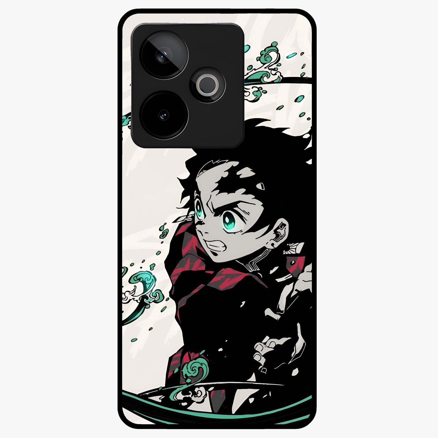Demon Slayer Glass Case showing flat back view with bold anime inspired artwork and glossy glass finish.